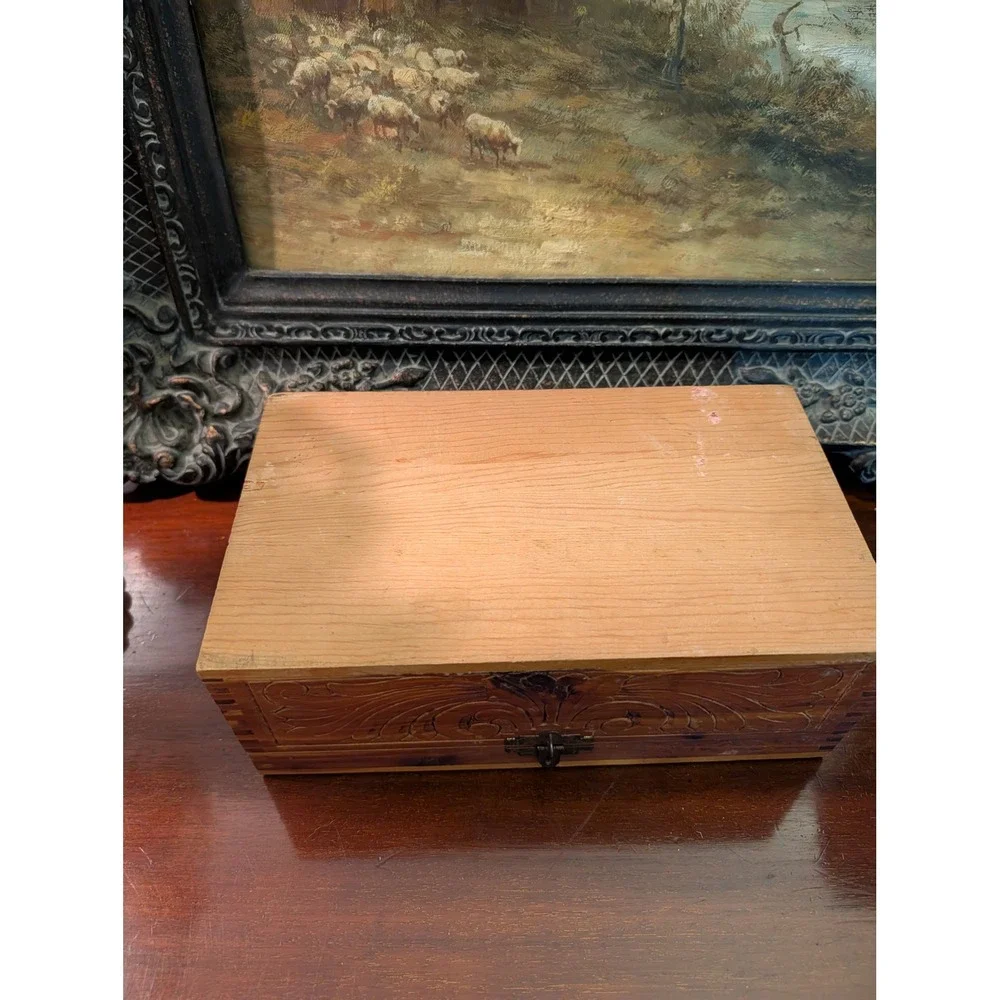 Vintage Cedar Carved Wooden Jewelry Box Decoupage Landscape Mirror Dovetail